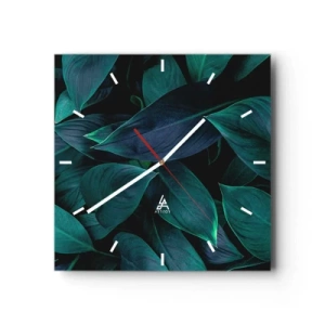Wanduhr - Glasuhr - Nahaufnahme von grünen Blättern mit dunklem Hintergrund - 30x30cm - Grün in sich selbst - Moderne Wanddekoration für Wohnzimmer und Schlafzimmer ARTTOR