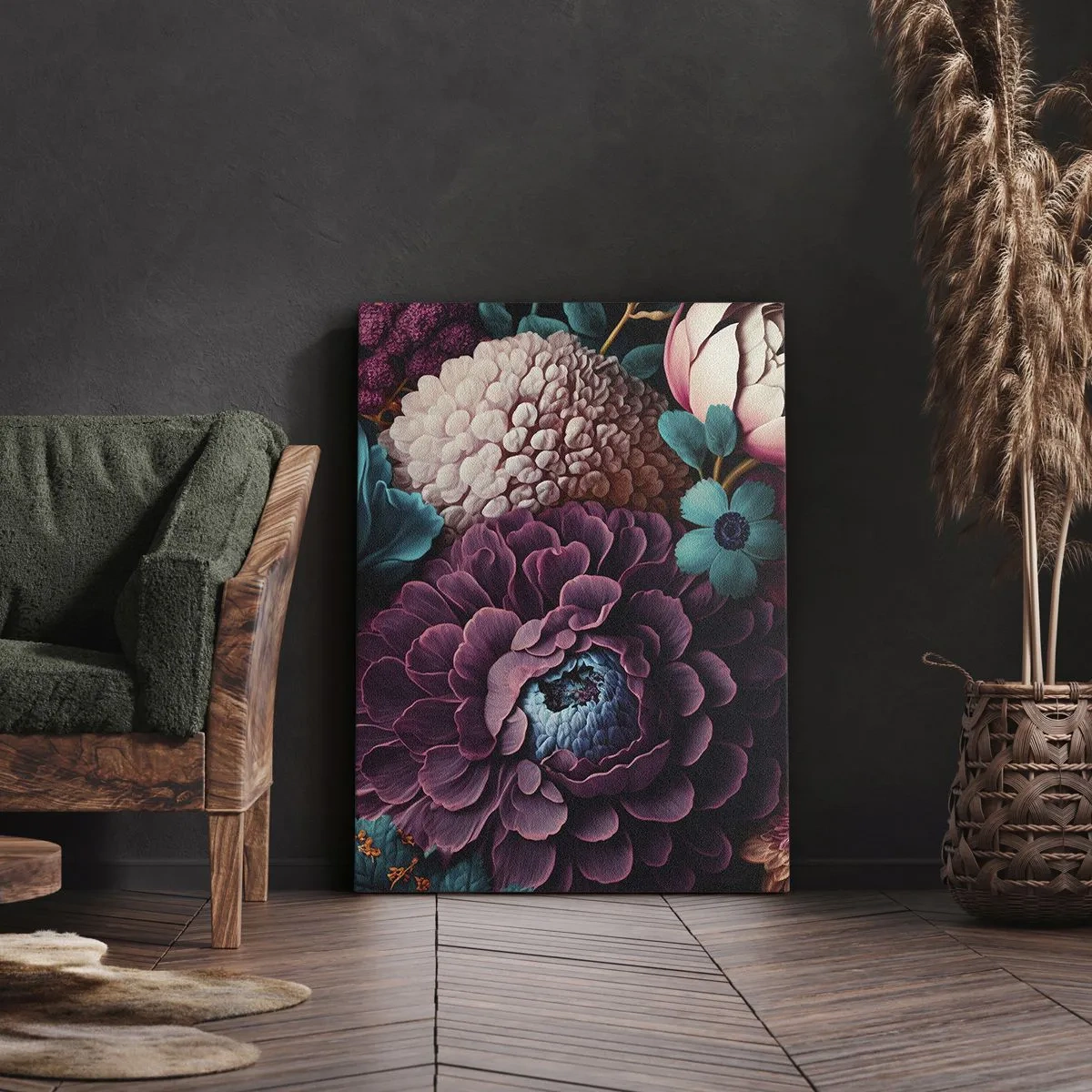 Bild auf Leinwand - Leinwandbild - Ein Blumenstrauß in intensiven Farben auf dunklem Hintergrund - 80x120cm - Natur in Hülle und Fülle - Moderne Wanddekoration für Wohnzimmer und Schlafzimmer ARTTOR
