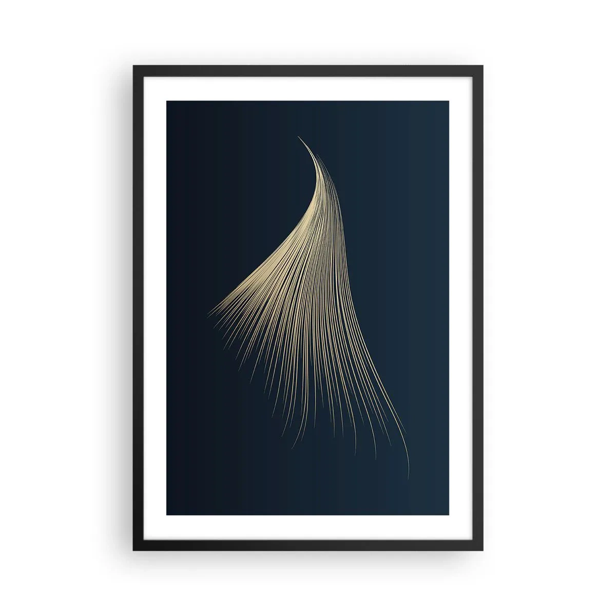 Poster in einem schwarzem Rahmen - Eine goldene abstrakte Form, die einer Haarsträhne auf einem marineblauen Hintergrund ähnelt. - 50x70cm - Wie das Haar eines Engels - Moderne Wanddekoration für Wohnzimmer und Schlafzimmer ARTTOR