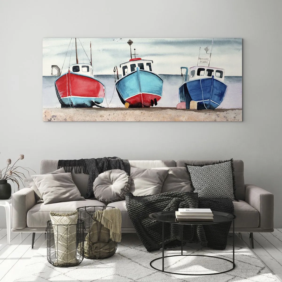 Glasbild - Bild auf glas - Bunte Fischerboote am Ufer in einer Meereslandschaft - 120x50cm - Bereit zum Fang - Moderne Wanddekoration für Wohnzimmer und Schlafzimmer ARTTOR