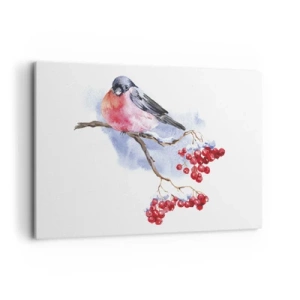 Bild auf Leinwand - Leinwandbild - Vogel auf einem Zweig mit roten Früchten im Aquarellhintergrund - 100x70cm - Winter in Farbe - Moderne Wanddekoration für Wohnzimmer und Schlafzimmer ARTTOR