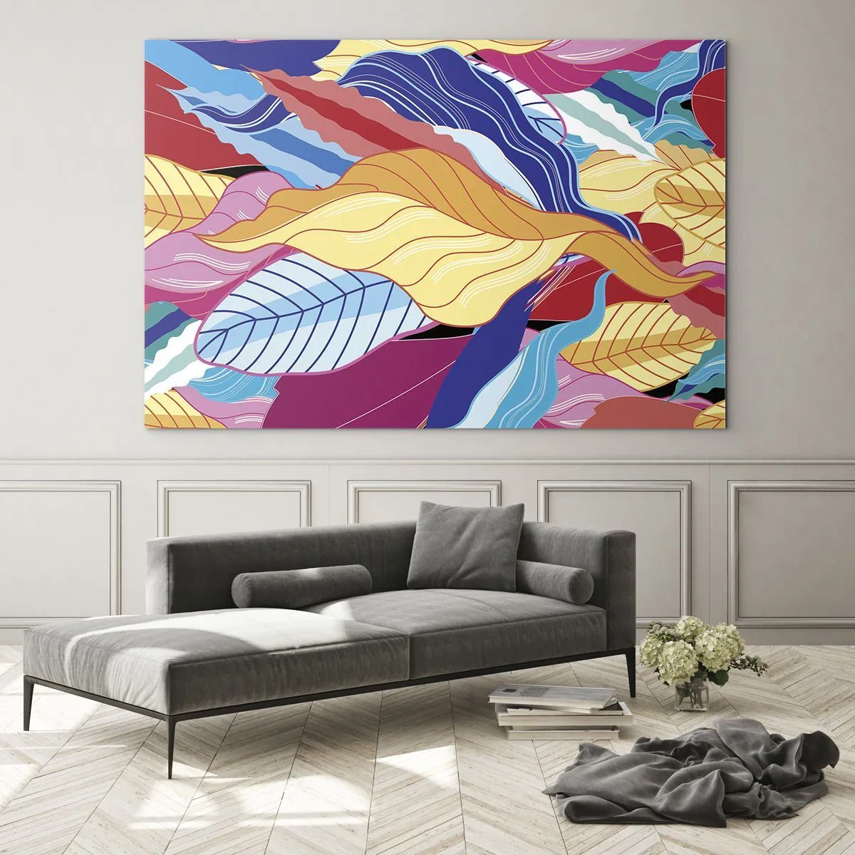 Glasbild - Bild auf glas - Bunte abstrakte Blätter auf einem Glashintergrund - 100x70cm - Buntes Durcheinander - Moderne Wanddekoration für Wohnzimmer und Schlafzimmer ARTTOR