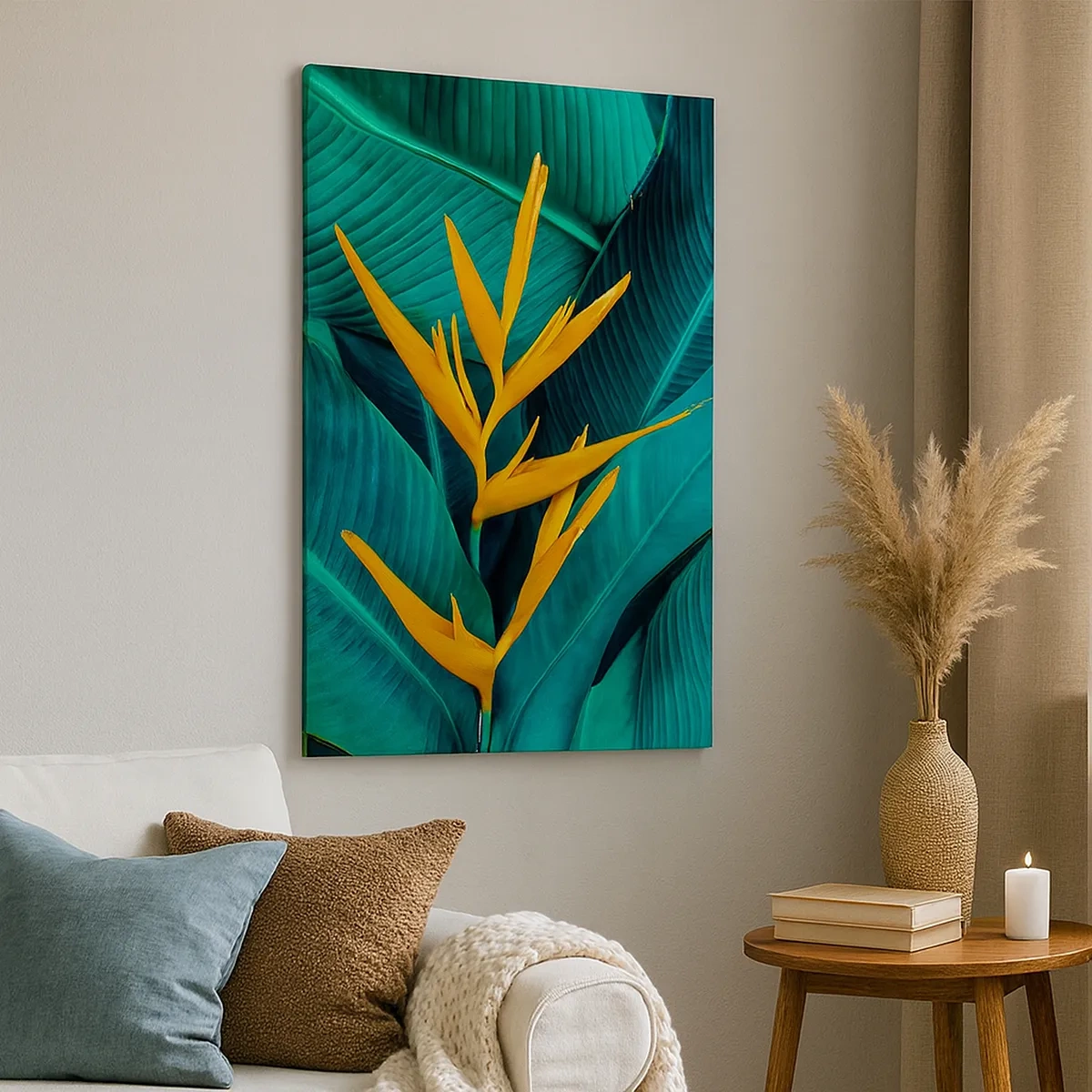 Bild auf Leinwand - Leinwandbild - Eine exotische Blume vor einem Hintergrund aus Bananenblättern in Türkistönen. - 50x70cm - Eden-Blume - Moderne Wanddekoration für Wohnzimmer und Schlafzimmer ARTTOR