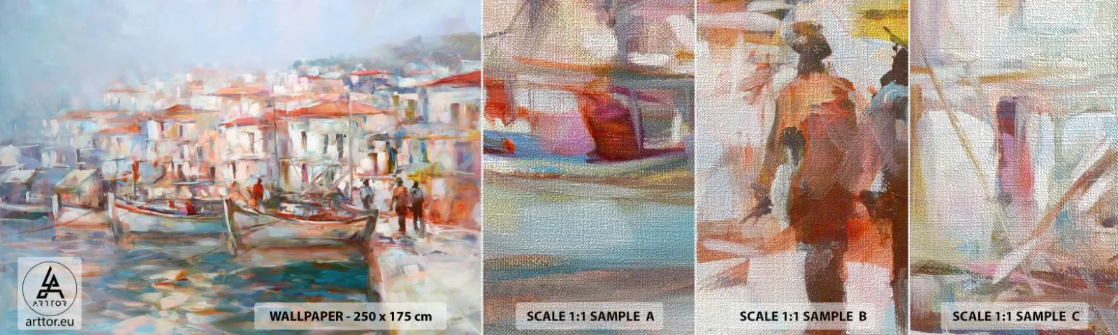 Fototapeten Muster Premium Canvas - Pastell-Sommerferien - Hafenstadt, Die Architektur, Fischerboot - 100x30 cm