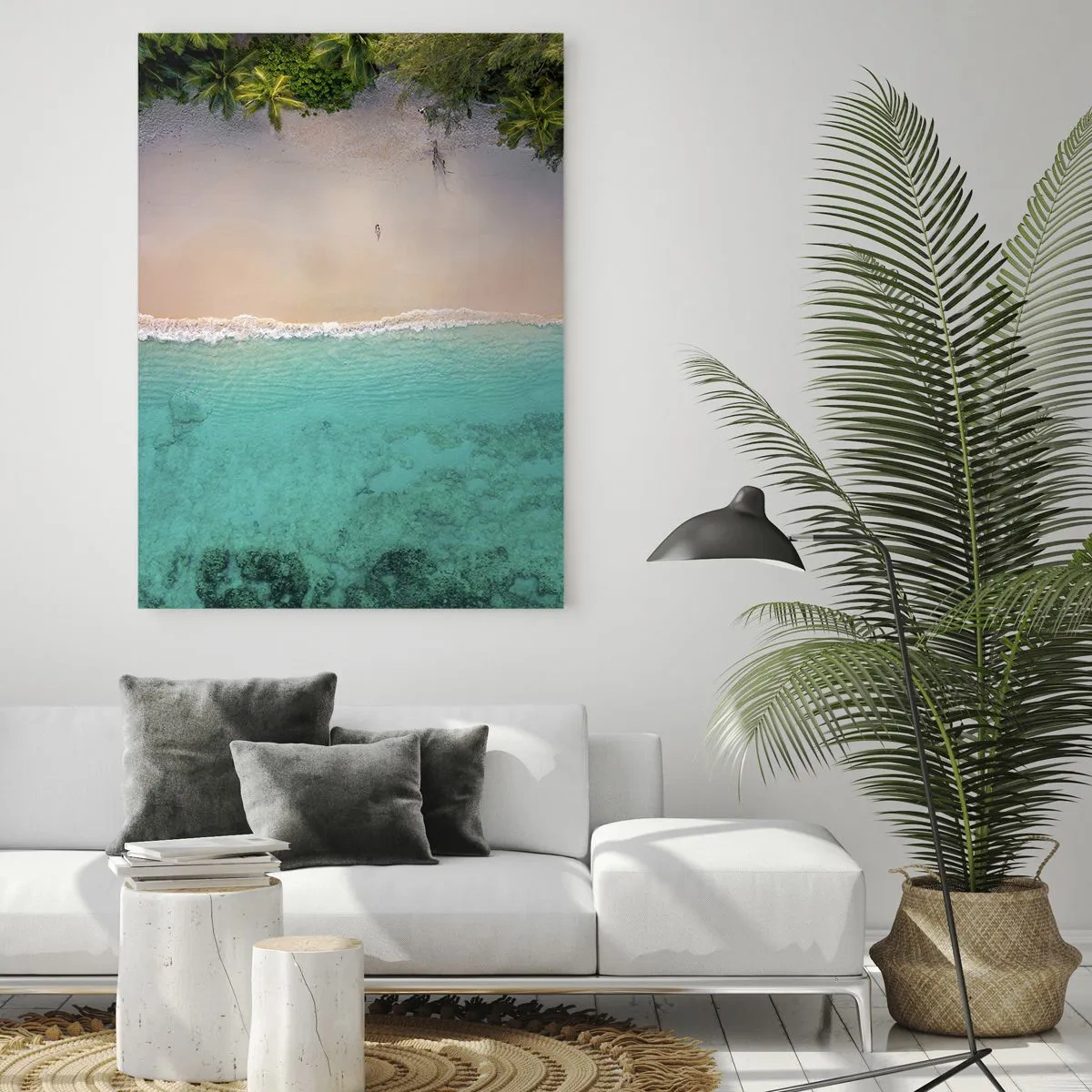 Glasbild - Bild auf glas - Luftaufnahme eines tropischen Strandes mit türkisfarbenem Wasser - 80x120cm - Paradiesstrand - Moderne Wanddekoration für Wohnzimmer und Schlafzimmer ARTTOR