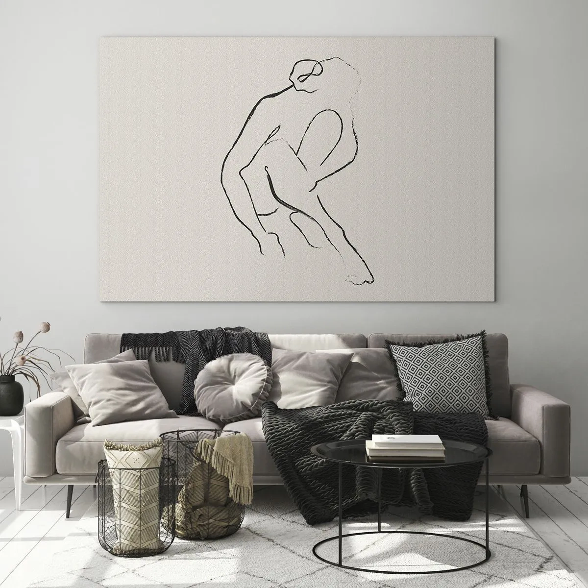 Glasbild - Bild auf glas - Eine minimalistische Skizze einer weiblichen Silhouette in sitzender Position. - 100x70cm - Intime Skizze - Moderne Wanddekoration für Wohnzimmer und Schlafzimmer ARTTOR