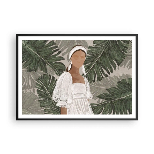 Poster in einem schwarzem Rahmen - Porträt einer Frau in einem weißen Kleid vor einem Hintergrund aus Monstera-Blättern - 100x70cm - Exotisches Porträt - Moderne Wanddekoration für Wohnzimmer und Schlafzimmer ARTTOR