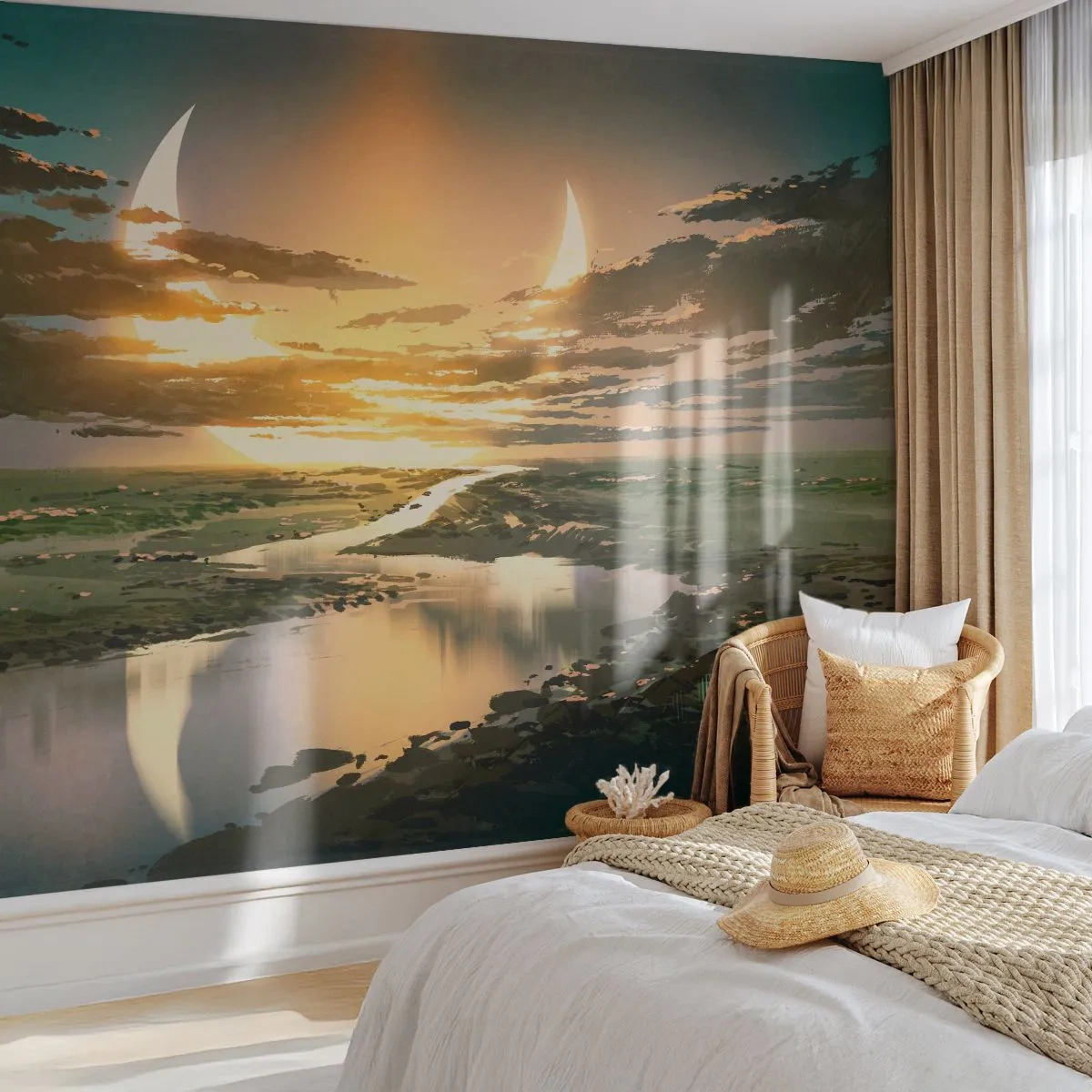 Fototapete Premium Sand - Eine fantastische Landschaft mit zwei Monden - 100x70cm - Irgendwo in einer weit, weit entfernten Galaxie - Moderne Wanddekoration für Wohnzimmer und Schlafzimmer ARTTOR