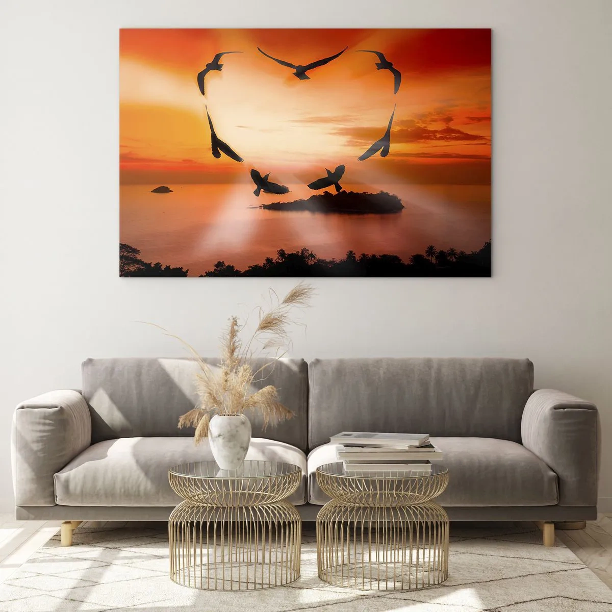 Glasbild - Bild auf glas - Vögel bilden ein Herz vor dem Hintergrund eines Sonnenuntergangs - 100x70cm - Liebe die Welt wie Vögel - Moderne Wanddekoration für Wohnzimmer und Schlafzimmer ARTTOR