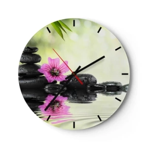 Wanduhr - Glasuhr - Zen-Steine mit einer rosa Blume vor einem natürlichen Hintergrund - 30x30cm - Zeit für die Seele - Moderne Wanddekoration für Wohnzimmer, Küche und Schlafzimmer ARTTOR