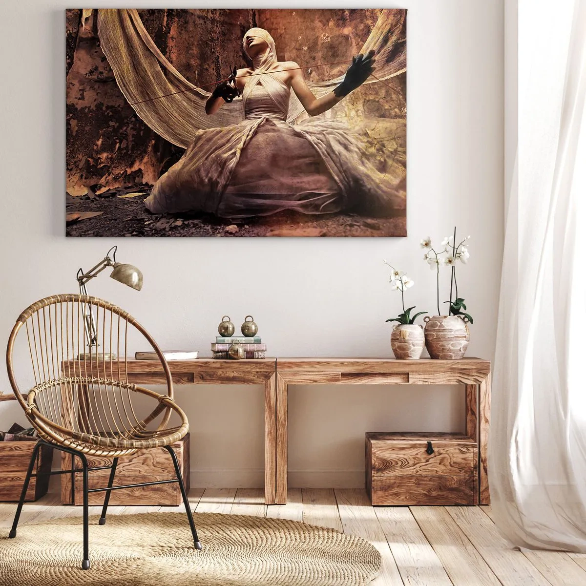 Bild auf Leinwand - Leinwandbild - Eine Frau in einem Kleid mit bedecktem Gesicht und einer Schere in den Händen - 70x50cm - Göttin des Schicksals - Moderne Wanddekoration für Wohnzimmer und Schlafzimmer ARTTOR