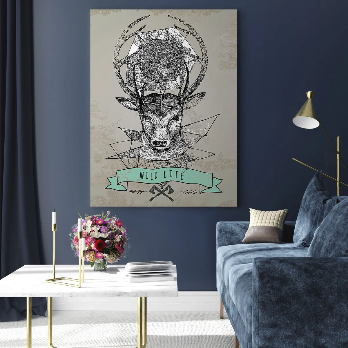 Glasbild - Bild auf glas - Hirschgeometrie im Vintage-Stil mit Wild Life-Schriftzug - 80x120cm - St. sehen Hubertus - Moderne Wanddekoration für Wohnzimmer und Schlafzimmer ARTTOR