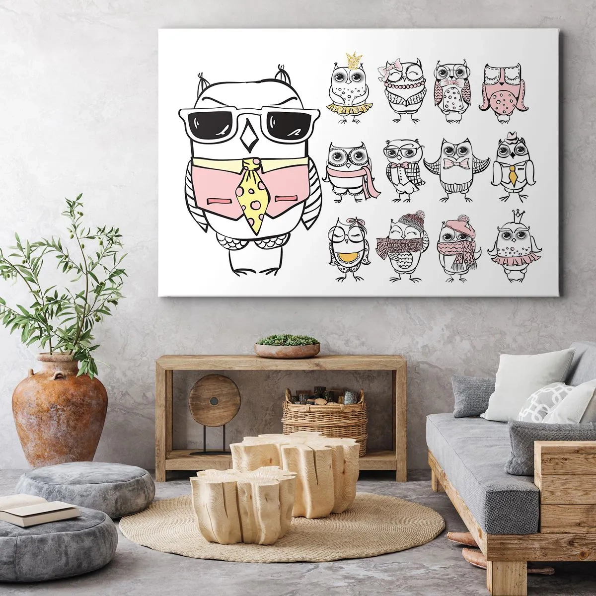 Bild auf Leinwand - Leinwandbild - Eulen in verschiedenen Stilen und Kleidern - 70x50cm - So viele Rollen zu spielen - Moderne Wanddekoration für Wohnzimmer und Schlafzimmer ARTTOR