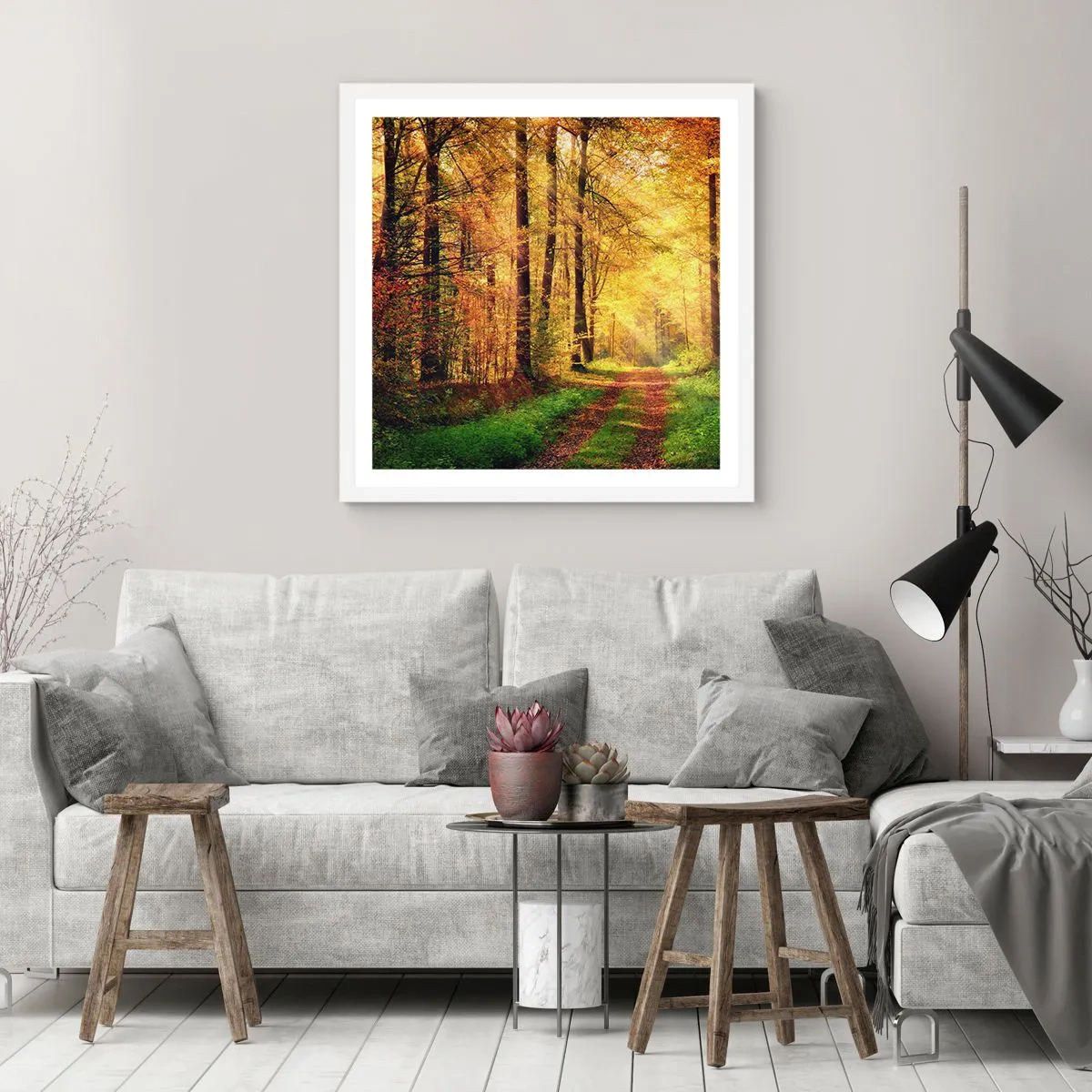 Poster in einem weißen Rahmen - Waldgoldene Stille - 40x40 cm