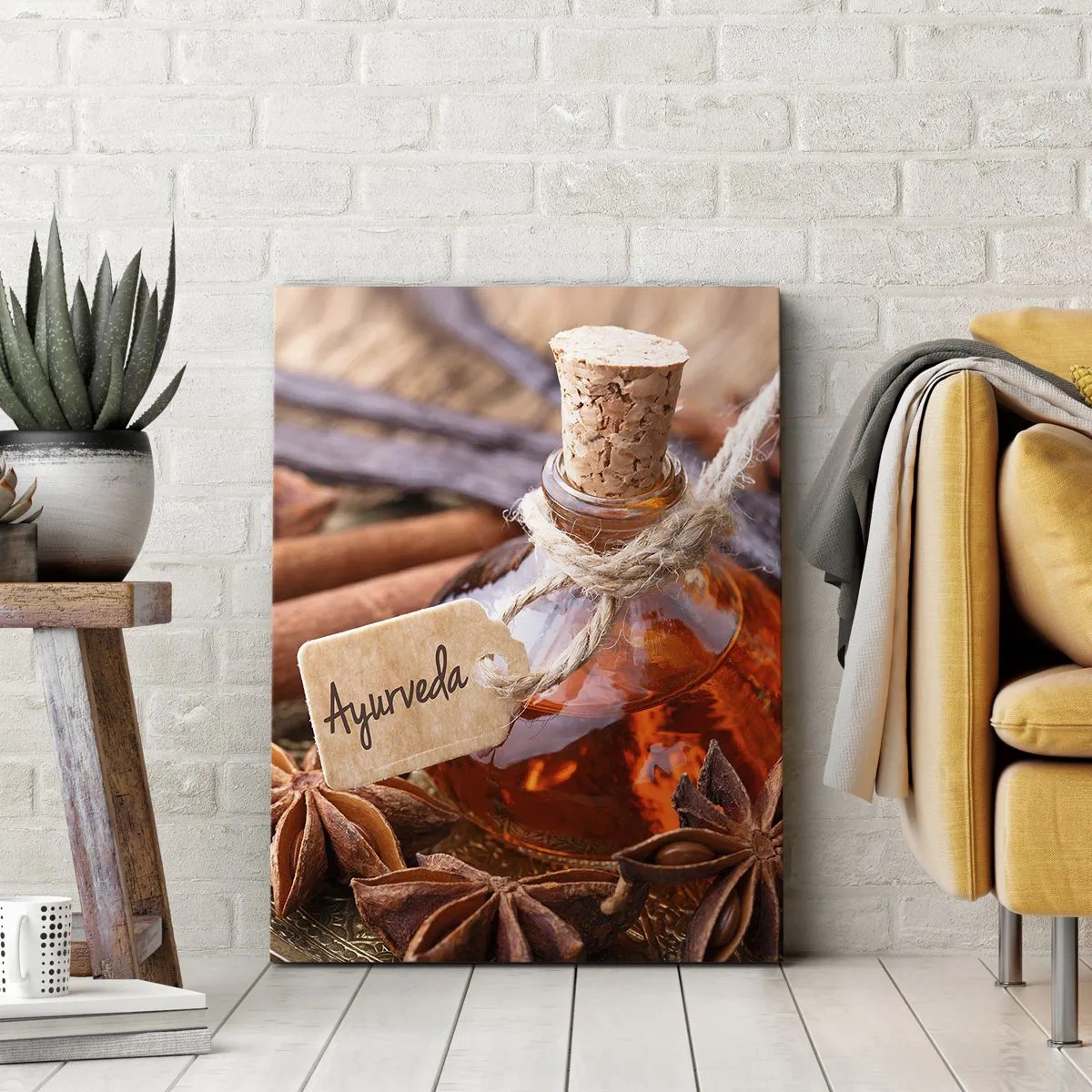 Bild auf Leinwand - Leinwandbild - Eine Flasche Gewürzöl auf einem Tablett - 70x100cm - Zur Einheit von Körper und Geist - Moderne Wanddekoration für Wohnzimmer und Schlafzimmer ARTTOR