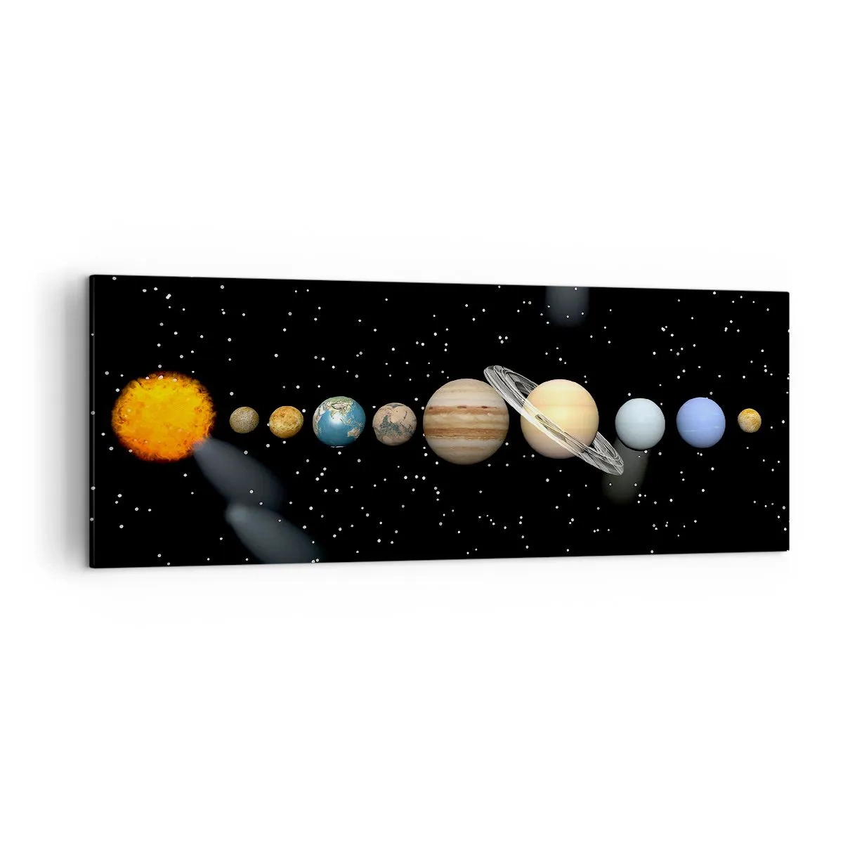 Bild auf Leinwand - Leinwandbild - Das Sonnensystem mit Planeten vor dem Hintergrund der Sterne im Weltraum - 140x50cm - Und die Planeten werden verrückt und toben ... - Moderne Wanddekoration für Wohnzimmer und Schlafzimmer ARTTOR