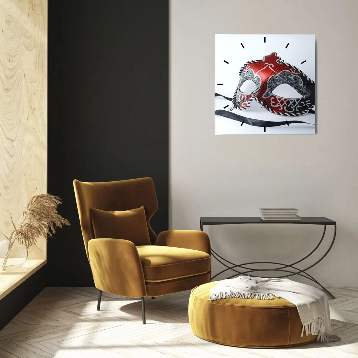 Wanduhr - Glasuhr - Rote Karnevalsmaske auf hellem Hintergrund - 30x30cm - Einladung zum Abschlussball - Moderne Wanddekoration für Wohnzimmer und Schlafzimmer ARTTOR