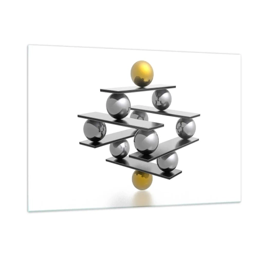 Glasbild - Bild auf glas - Geometrische Komposition mit Kugeln und Plattformen auf weißem Hintergrund - 120x80cm - Gold- und Silberbalance - Moderne Wanddekoration für Wohnzimmer und Schlafzimmer ARTTOR