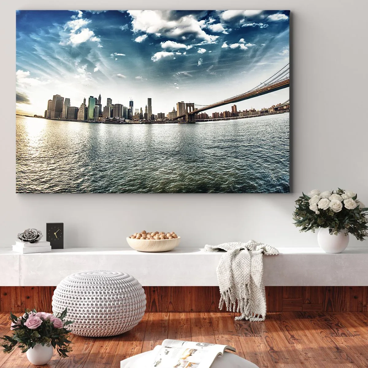 Bild auf Leinwand - Leinwandbild - Panorama der Stadt mit einer Brücke vor dem blauen Himmel - 70x50cm - Glasinsel - Moderne Wanddekoration für Wohnzimmer und Schlafzimmer ARTTOR