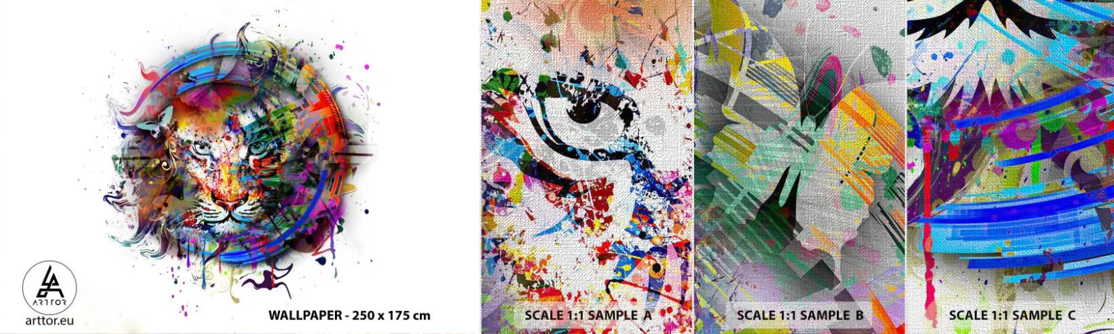 Fototapeten Muster Premium Canvas - Es lauert hinter einem Regenbogenschleier - Abstraktion, Tiger, Grafik - 100x30 cm