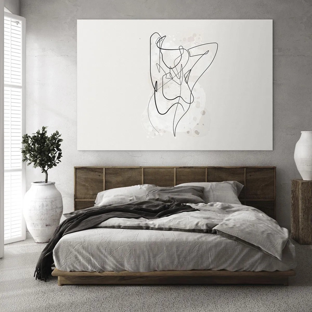 Glasbild - Bild auf glas - Eine weibliche Silhouette, gezeichnet mit einer Linie auf hellem Hintergrund - 70x50cm - Die Kunst der Verführung - Moderne Wanddekoration für Wohnzimmer und Schlafzimmer ARTTOR