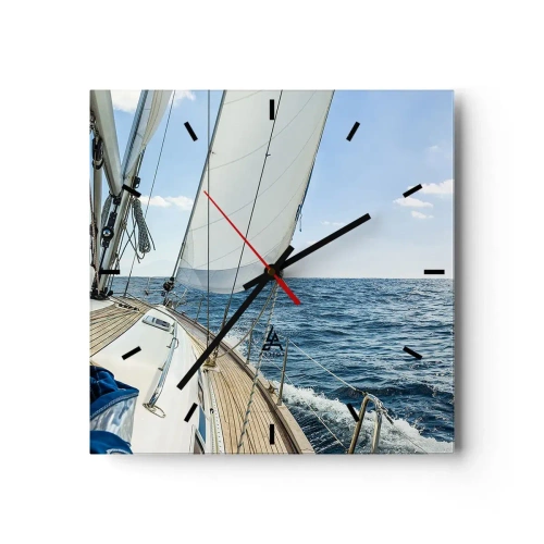 Wanduhr - Glasuhr - Ein Segelboot auf ruhiger See unter blauem Himmel - 30x30cm - Ahoi, Abenteuer - Moderne Wanddekoration für Wohnzimmer und Schlafzimmer ARTTOR