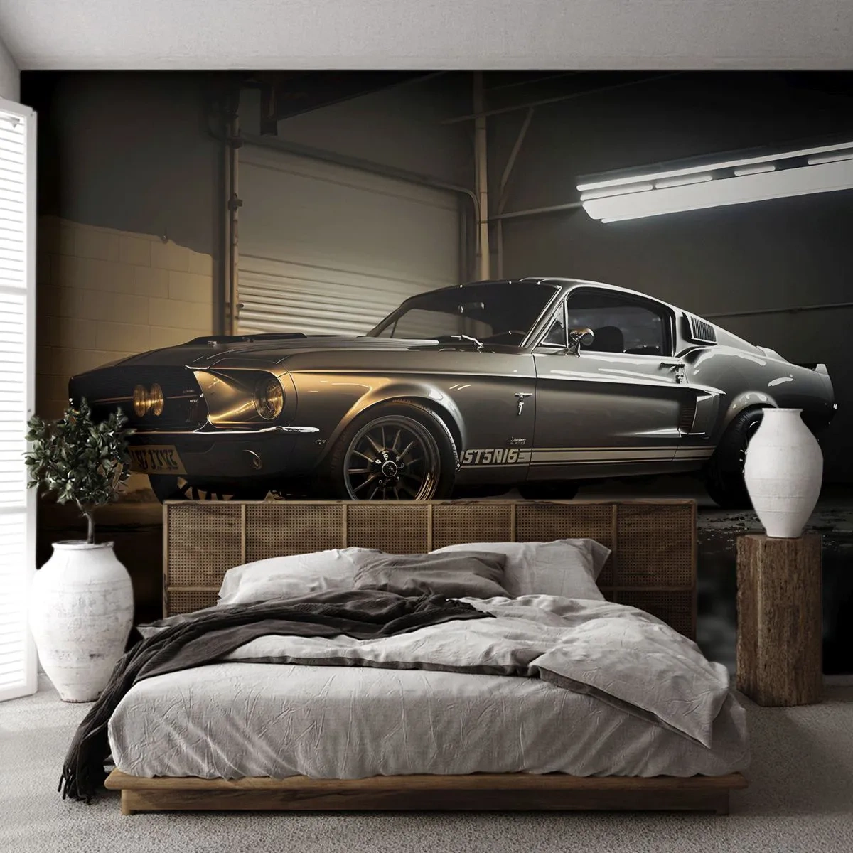 Fototapete Premium Sand - Kultiges Muscle-Car in einer Industriegarage bei Nacht - 100x70cm - Zurück in die Vergangenheit - Moderne Wanddekoration für Wohnzimmer und Schlafzimmer ARTTOR