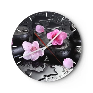 Wanduhr - Glasuhr - Kirschblüten auf schwarzen Steinen - 30x30cm - Und der Stein fällt vom Herzen - Moderne Wanddekoration für Wohnzimmer, Küche und Schlafzimmer ARTTOR