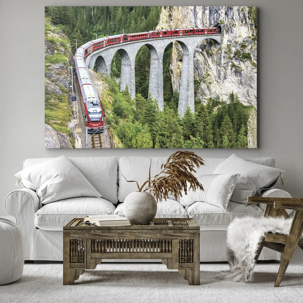 Bild auf Leinwand - Leinwandbild - Ein Zug auf einem malerischen Viadukt in einer Berglandschaft - 120x80cm - Eisenbahn für Bergblick - Moderne Wanddekoration für Wohnzimmer und Schlafzimmer ARTTOR