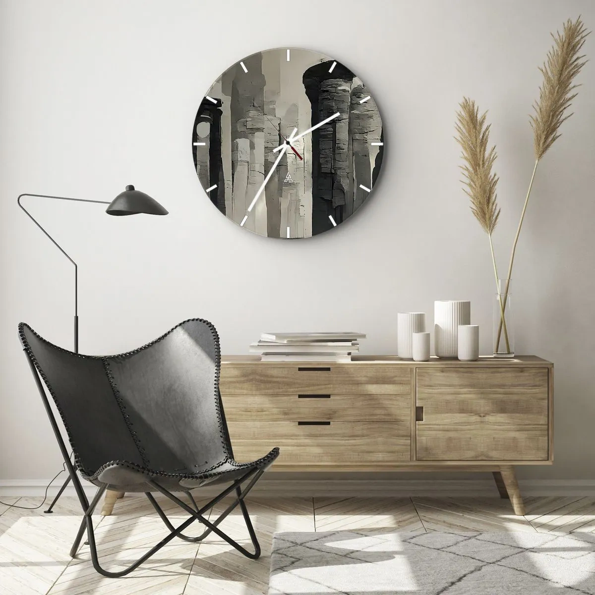 Wanduhr - Glasuhr - Monumentale Säulen in malerischen Beige- und Grautönen - 30x30cm - Majestät der Antike - Moderne Wanddekoration für Wohnzimmer, Küche und Schlafzimmer ARTTOR
