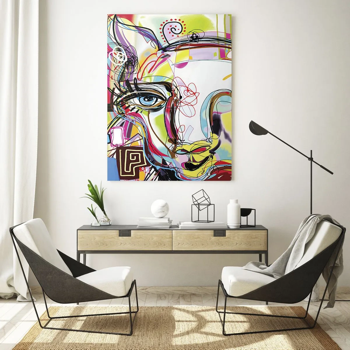 Glasbild - Bild auf glas - Abstraktes Bild eines Katzengesichts in farbenfrohem künstlerischem Ausdruck - 50x70cm - Der Reichtum des Abiturs der Katze - Moderne Wanddekoration für Wohnzimmer und Schlafzimmer ARTTOR