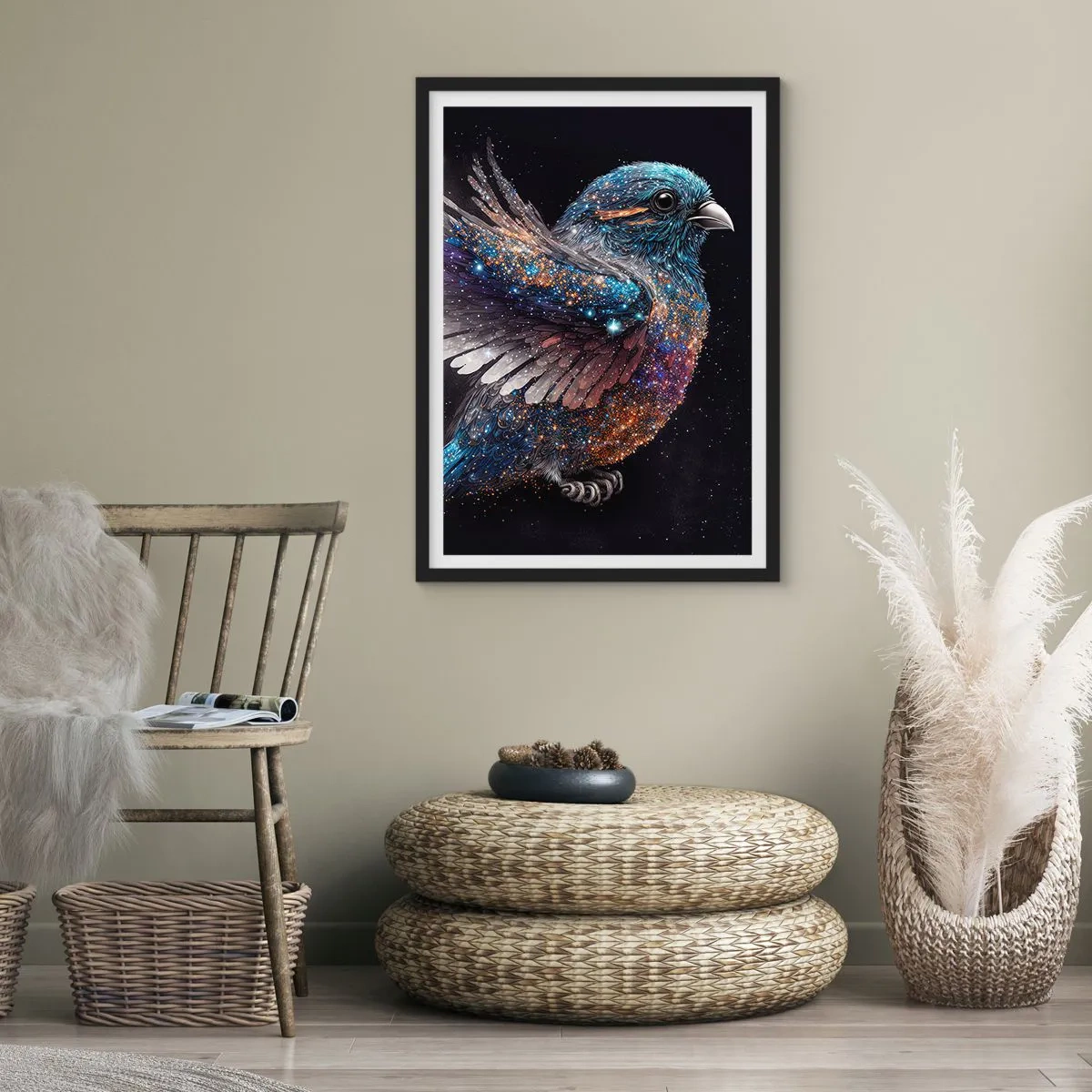 Poster in einem schwarzem Rahmen - Ein Weltraumvogel mit Sternengefieder auf schwarzem Hintergrund - 50x70cm - Diamantsperling - Moderne Wanddekoration für Wohnzimmer und Schlafzimmer ARTTOR