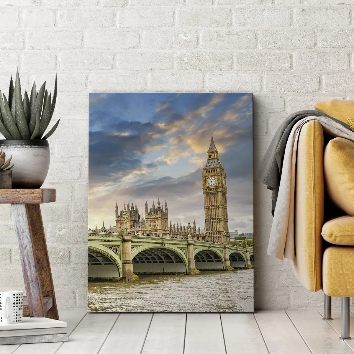 Bild auf Leinwand - Leinwandbild - Big Ben und Westminster Bridge gegen den Himmel in der Abenddämmerung - 70x100cm - Im Imperium ist die Zeit stehen geblieben - Moderne Wanddekoration für Wohnzimmer und Schlafzimmer ARTTOR