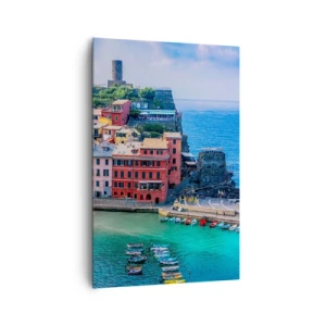 Bild auf Leinwand - Leinwandbild - Eine farbenfrohe Küstenstadt mit einem malerischen Hafen - 80x120cm - Mediterrane Zauberstadt - Moderne Wanddekoration für Wohnzimmer und Schlafzimmer ARTTOR