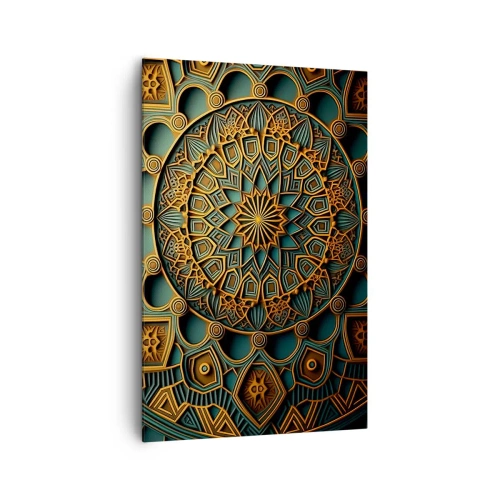 Bild auf Leinwand - Leinwandbild - Ein goldenes Mandala auf türkisfarbenem Hintergrund mit vielen Details. - 80x120cm - In arabischer Atmosphäre - Moderne Wanddekoration für Wohnzimmer und Schlafzimmer ARTTOR