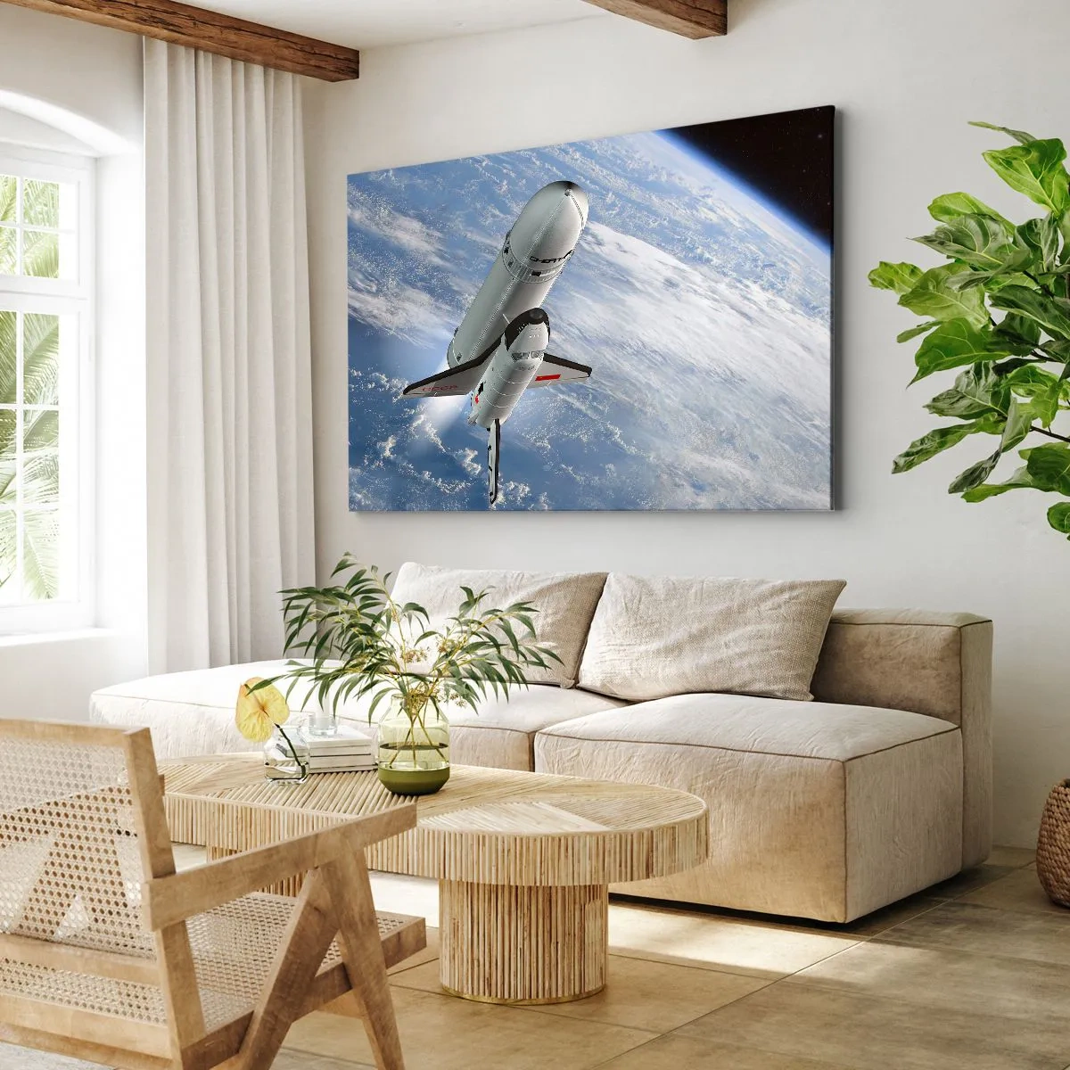 Bild auf Leinwand - Leinwandbild - Eine Weltraumrakete steigt vor dem Hintergrund der Erde auf - 100x70cm - Kosmischer Aufstieg - Moderne Wanddekoration für Wohnzimmer und Schlafzimmer ARTTOR