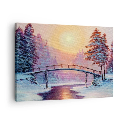 Bild auf Leinwand - Leinwandbild - Winterlandschaft mit einer vom Sonnenuntergang beleuchteten Brücke - 70x50cm - Vier Jahreszeiten - Winter - Moderne Wanddekoration für Wohnzimmer und Schlafzimmer ARTTOR