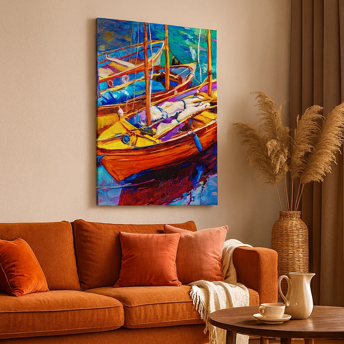 Bild auf Leinwand - Leinwandbild - Bunte Boote auf ruhigem Wasser - 50x70cm - Auf Wasser dick mit Farben - Moderne Wanddekoration für Wohnzimmer und Schlafzimmer ARTTOR