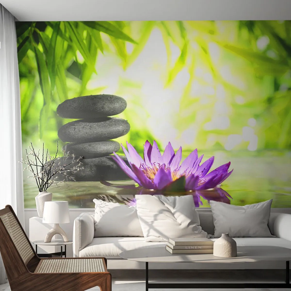 Fototapete Premium Sand - In einem Bambusbusch - Blume, Lotus Blume, Bambus - 300x210 cm