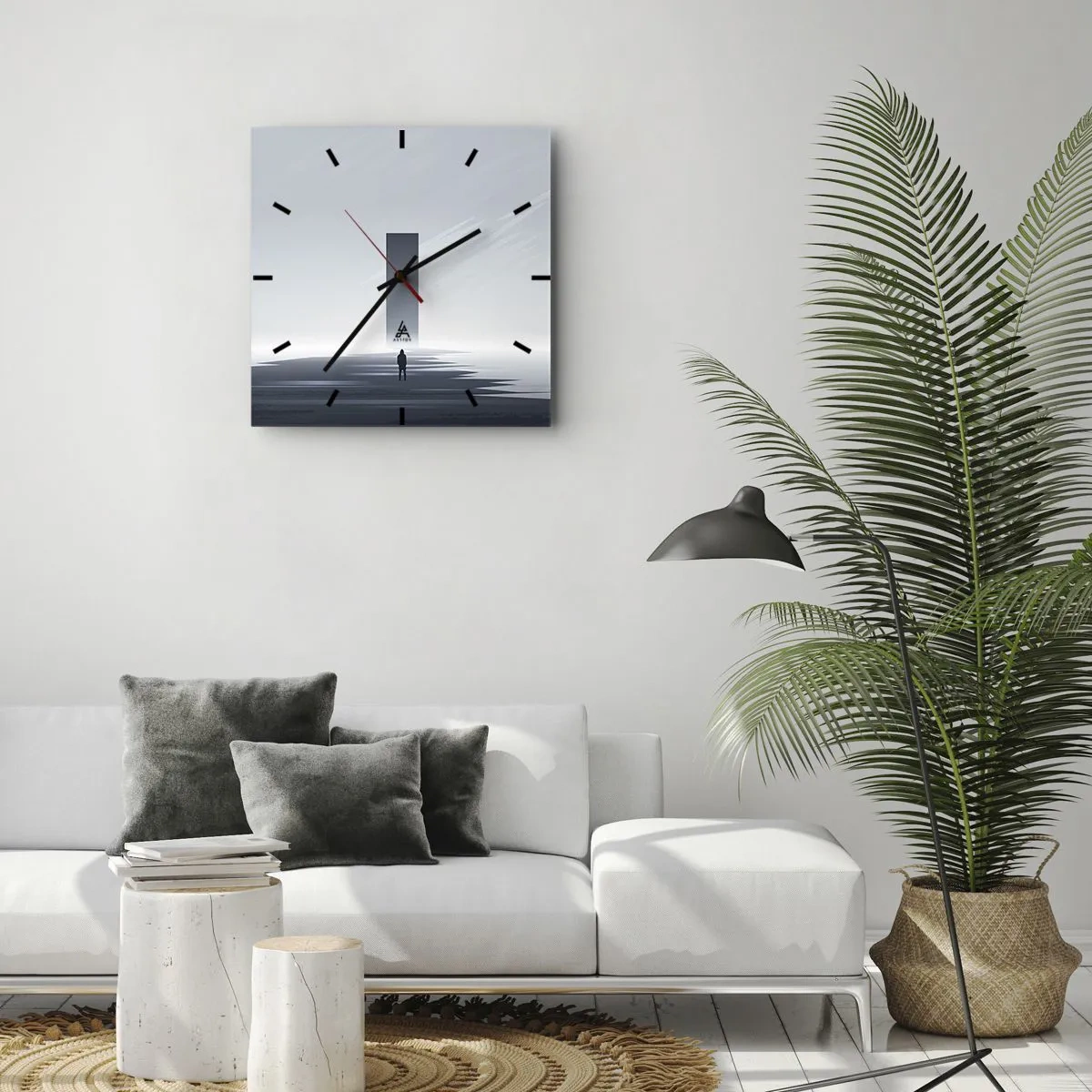 Wanduhr - Glasuhr - Eine minimalistische Landschaft mit einer Silhouette neben einem rechteckigen Monolithen - 30x30cm - Chance oder Bedrohung? - Moderne Wanddekoration für Wohnzimmer und Schlafzimmer ARTTOR