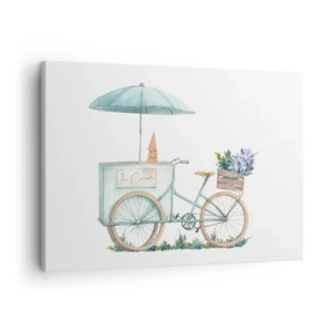 Bild auf Leinwand - Leinwandbild - Ein Fahrrad mit Eis und Blumen unter einem Regenschirm in zarten Pastellfarben - 70x50cm - Süße Erinnerung an den Sommer - Moderne Wanddekoration für Wohnzimmer und Schlafzimmer ARTTOR