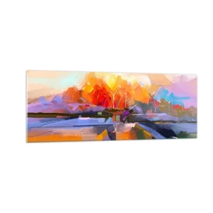 Glasbild - Bild auf glas - Eine abstrakte Landschaft mit intensiven Herbstfarben. - 140x50cm - Der Herbst ist geworden - Moderne Wanddekoration für Wohnzimmer und Schlafzimmer ARTTOR