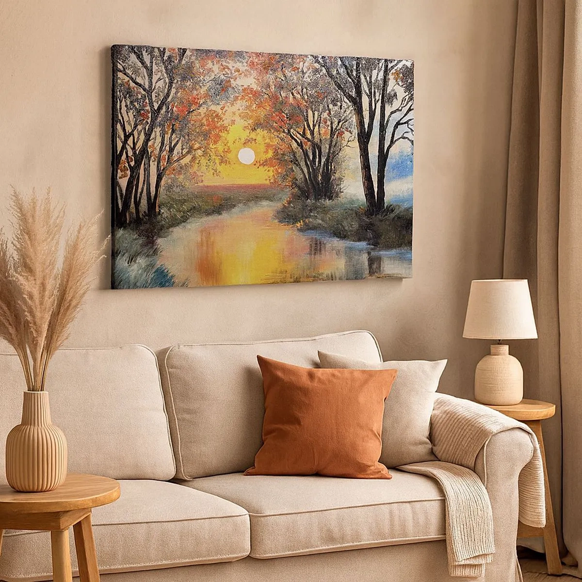 Bild auf Leinwand - Leinwandbild - Sonnenuntergang über dem Fluss in einer Herbstlandschaft - 70x50cm - Herbststimmung - Moderne Wanddekoration für Wohnzimmer und Schlafzimmer ARTTOR