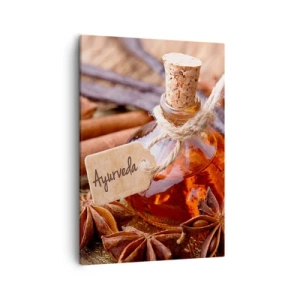Bild auf Leinwand - Leinwandbild - Eine Flasche Gewürzöl auf einem Tablett - 50x70cm - Zur Einheit von Körper und Geist - Moderne Wanddekoration für Wohnzimmer und Schlafzimmer ARTTOR