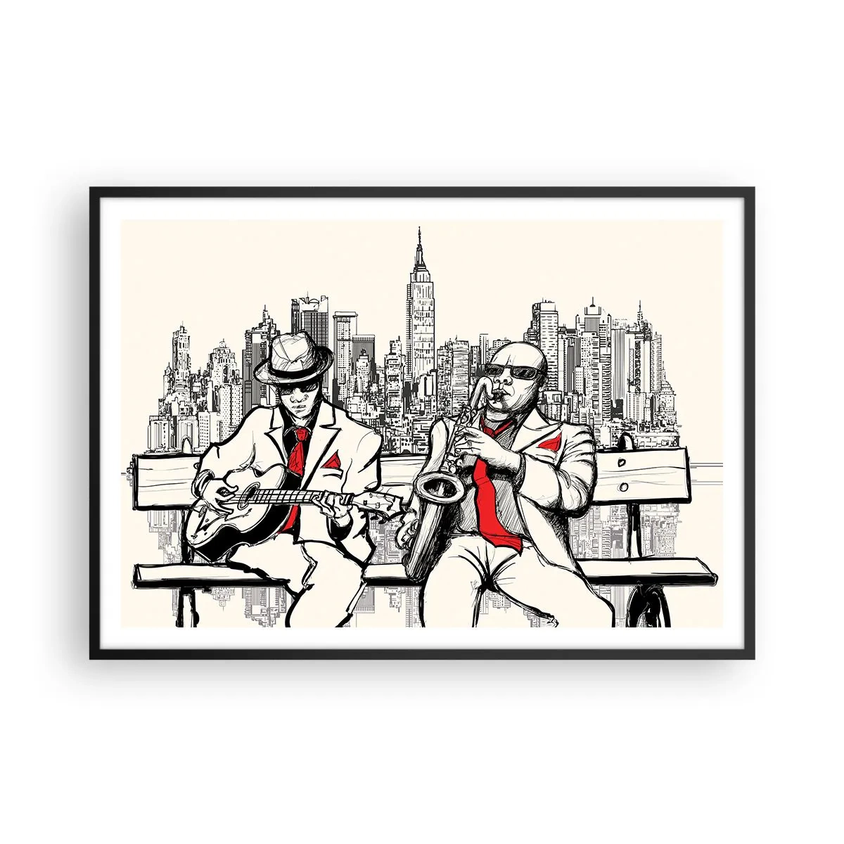Poster in einem schwarzem Rahmen - Ein Jazzduo mit Saxophon und Gitarre vor der Kulisse der Stadt - 100x70cm - New Yorker Improvisation - Moderne Wanddekoration für Wohnzimmer und Schlafzimmer ARTTOR