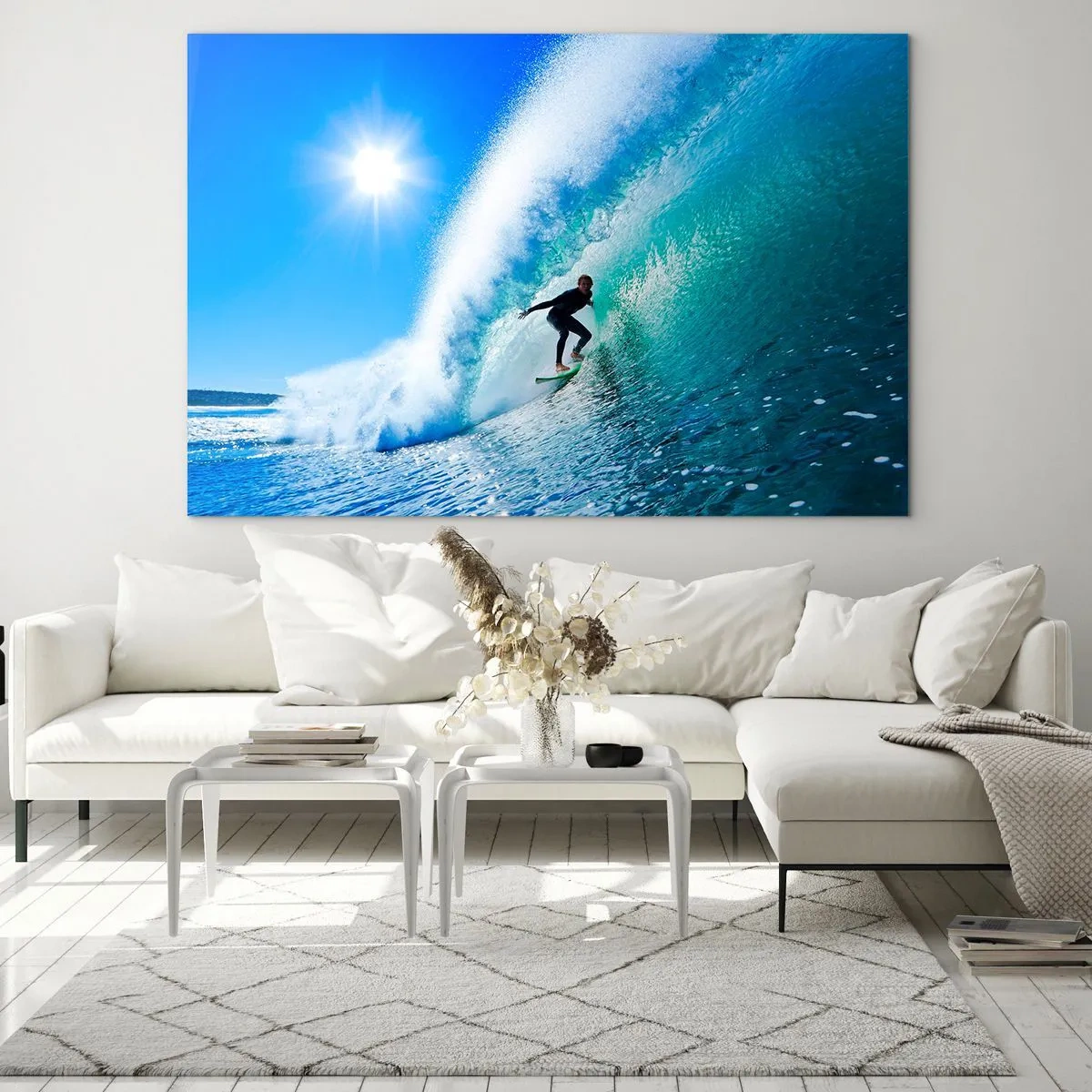 Glasbild - Bild auf glas - Surfer auf einer Welle an einem sonnigen Tag - 100x70cm - Durch das große Blau - Moderne Wanddekoration für Wohnzimmer und Schlafzimmer ARTTOR