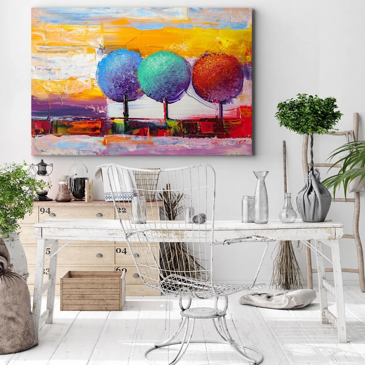 Bild auf Leinwand - Leinwandbild - Drei bunte Bäume auf abstraktem Hintergrund - 120x80cm - Aller guten Dinge sind drei - Moderne Wanddekoration für Wohnzimmer und Schlafzimmer ARTTOR