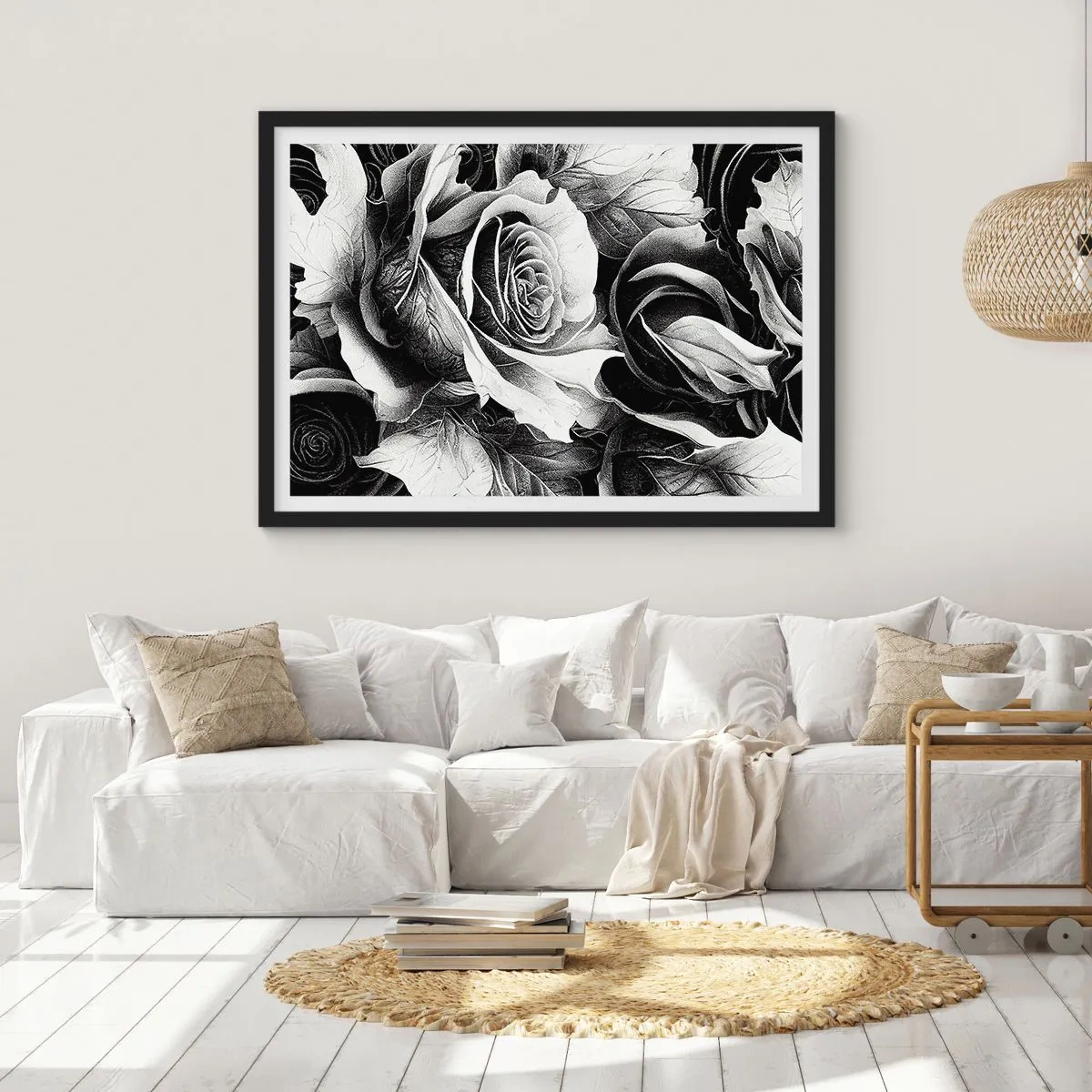 Poster in einem schwarzem Rahmen - Schwarze und weiße Rosen in einer eleganten Komposition - 70x50cm - Immer Königin - Moderne Wanddekoration für Wohnzimmer und Schlafzimmer ARTTOR