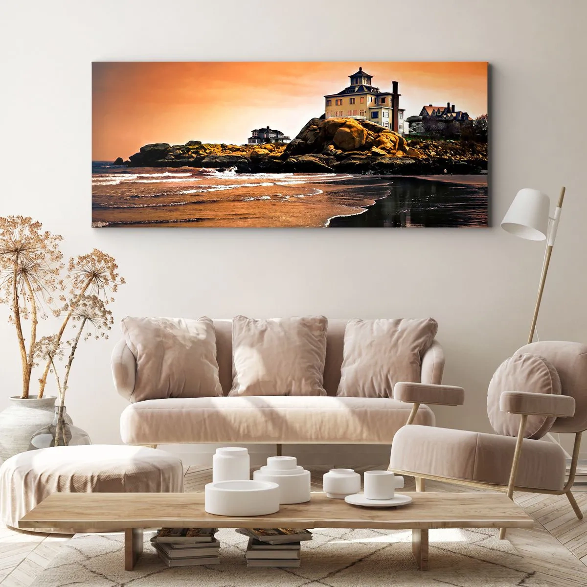 Bild auf Leinwand - Leinwandbild - Ein Haus auf einem Felsen am Strand bei Sonnenuntergang mit seiner Spiegelung im Wasser - 120x50cm - Eleganz der Westküste - Moderne Wanddekoration für Wohnzimmer und Schlafzimmer ARTTOR