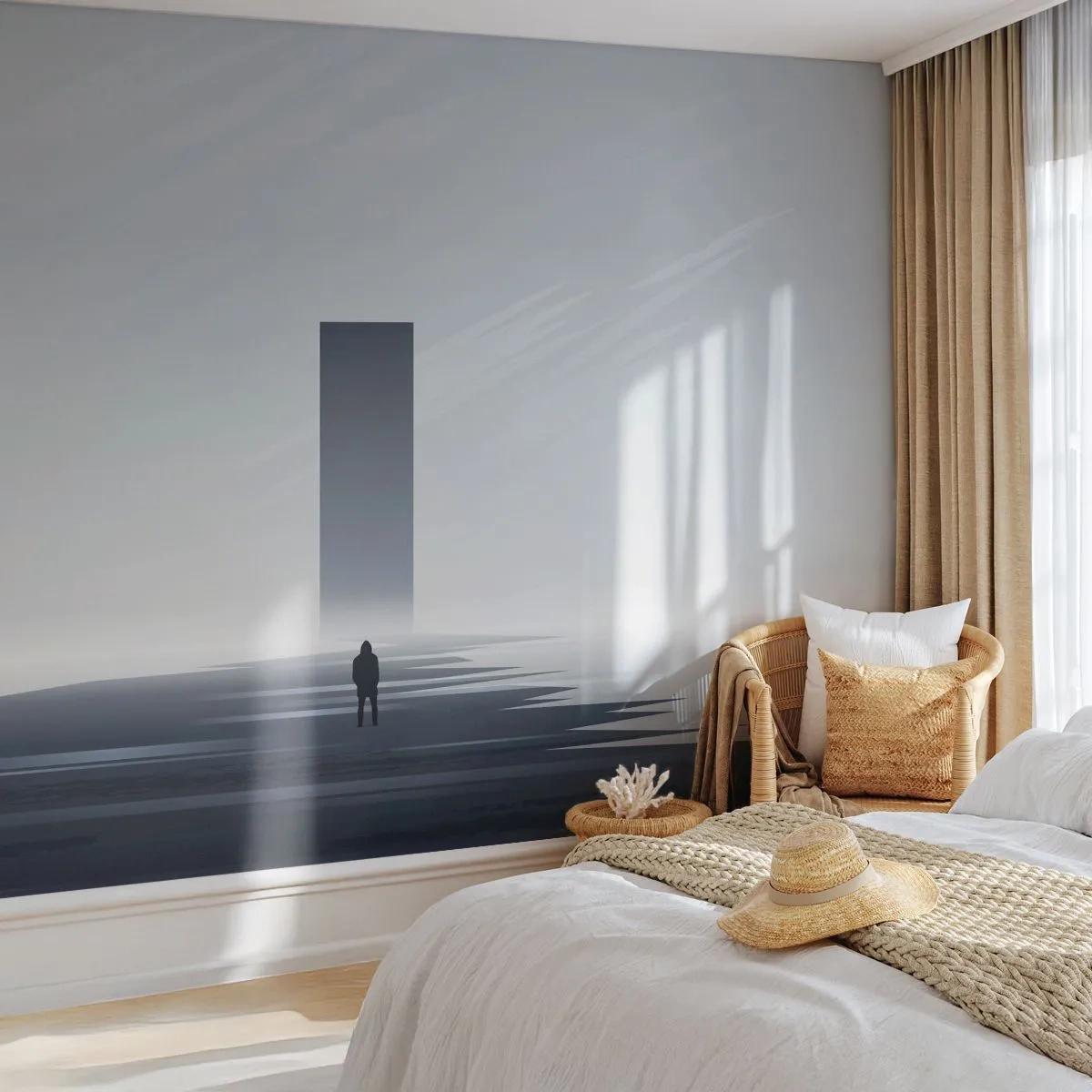 Fototapete Premium Sand - Eine minimalistische Landschaft mit einer Figur vor einem Monolithen - 100x70cm - Chance oder Bedrohung? - Moderne Wanddekoration für Wohnzimmer und Schlafzimmer ARTTOR